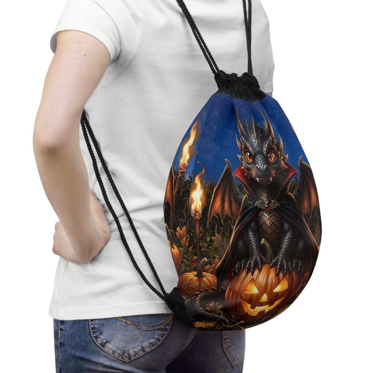 Halloween Dragon Drawstring Bag — Cute Gothic Baby Dragon on Jack-O'-Lantern