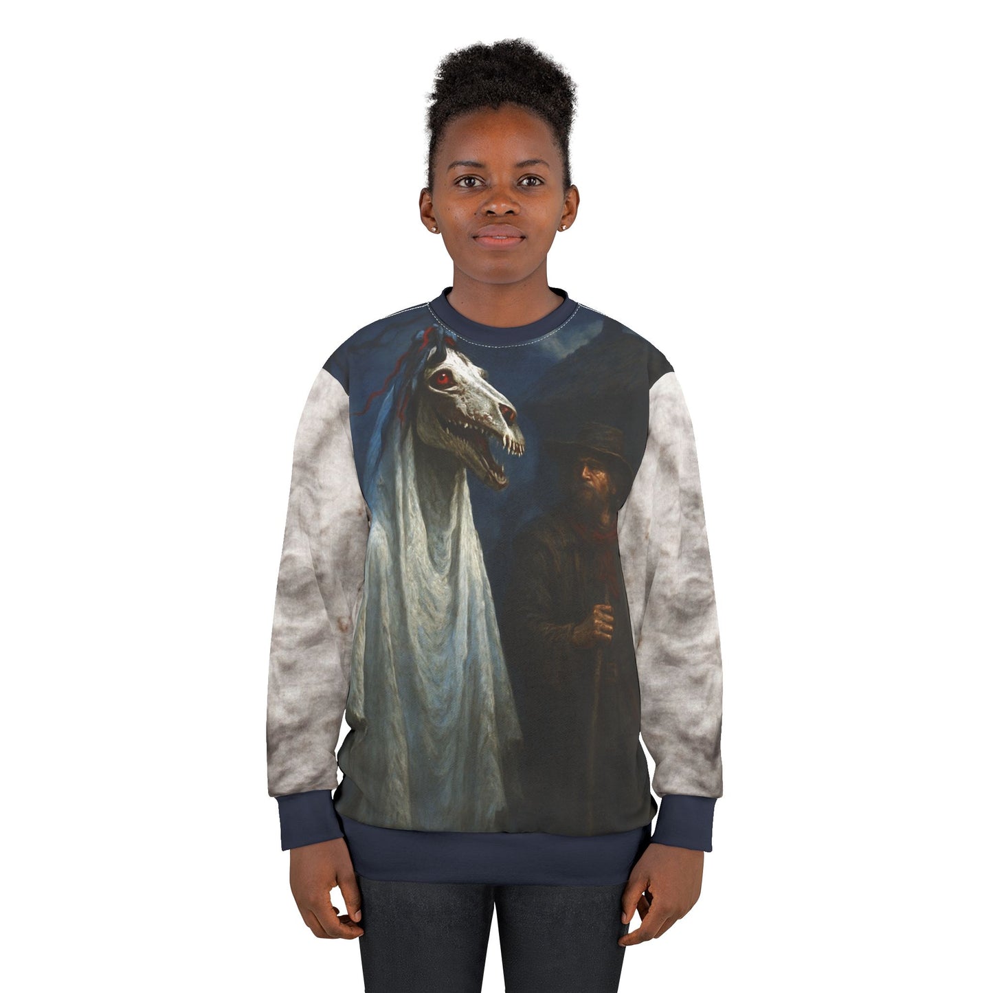 Mari Lwyd Christmas Sweatshirt — Creepy Welsh Grey Horse Holiday Costume