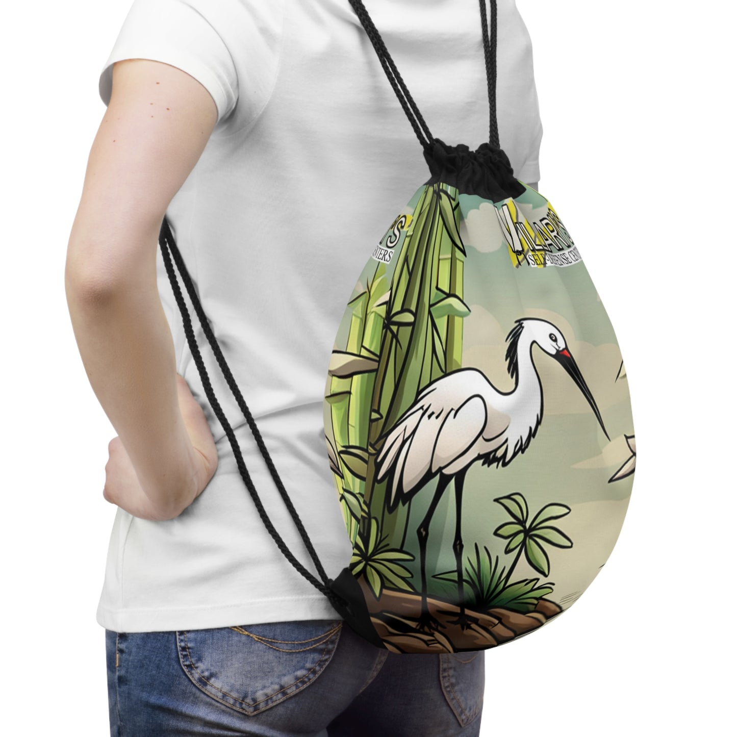 Crane in Bamboo Forest Drawstring Bag