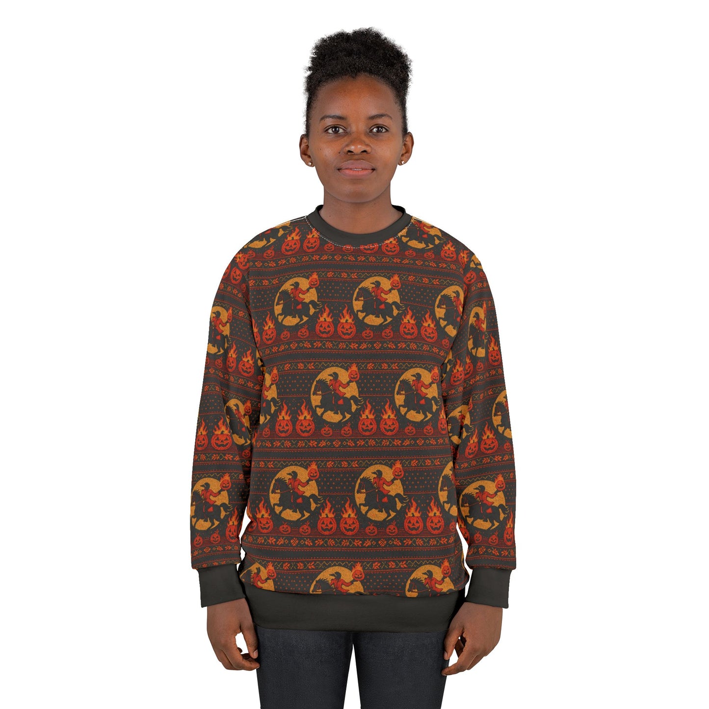 Headless Horseman Pattern Unisex Sweatshirt, Trendy Sweatshirt, Casual Attire, Gift for Halloween Lovers, Fall Fashion, Unique Self-Expression