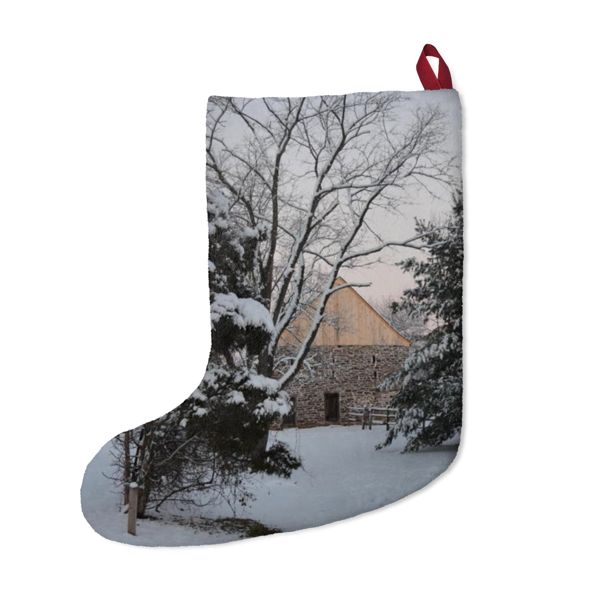 Winter Barn Christmas Stockings, Fleece Stocking, Tree Ornament Stocking