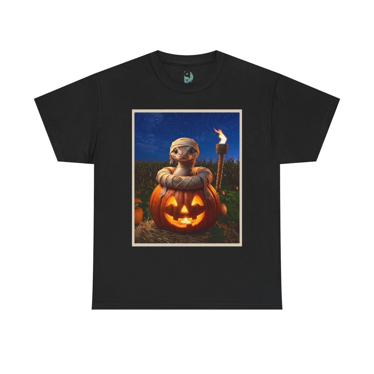 T-Shirt — Halloween Jack-o'-Lantern with Baby Snake as the Mummy in Pumpkin Illustration