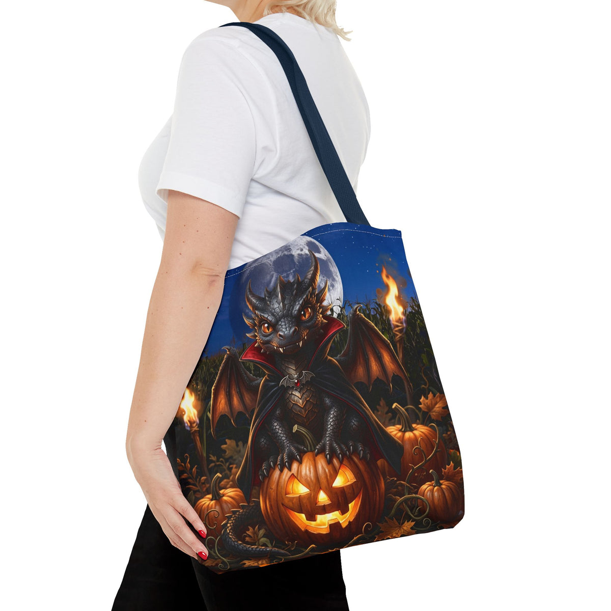 Halloween Dragon Pumpkin Tote Bag - Cute Gothic Vampire Bat Design