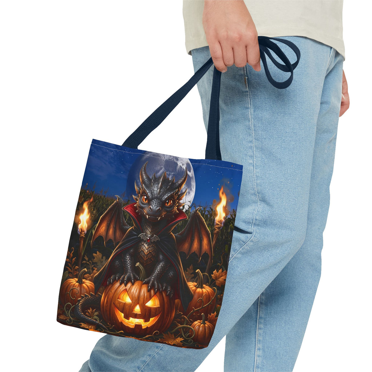 Halloween Dragon Pumpkin Tote Bag - Cute Gothic Vampire Bat Design
