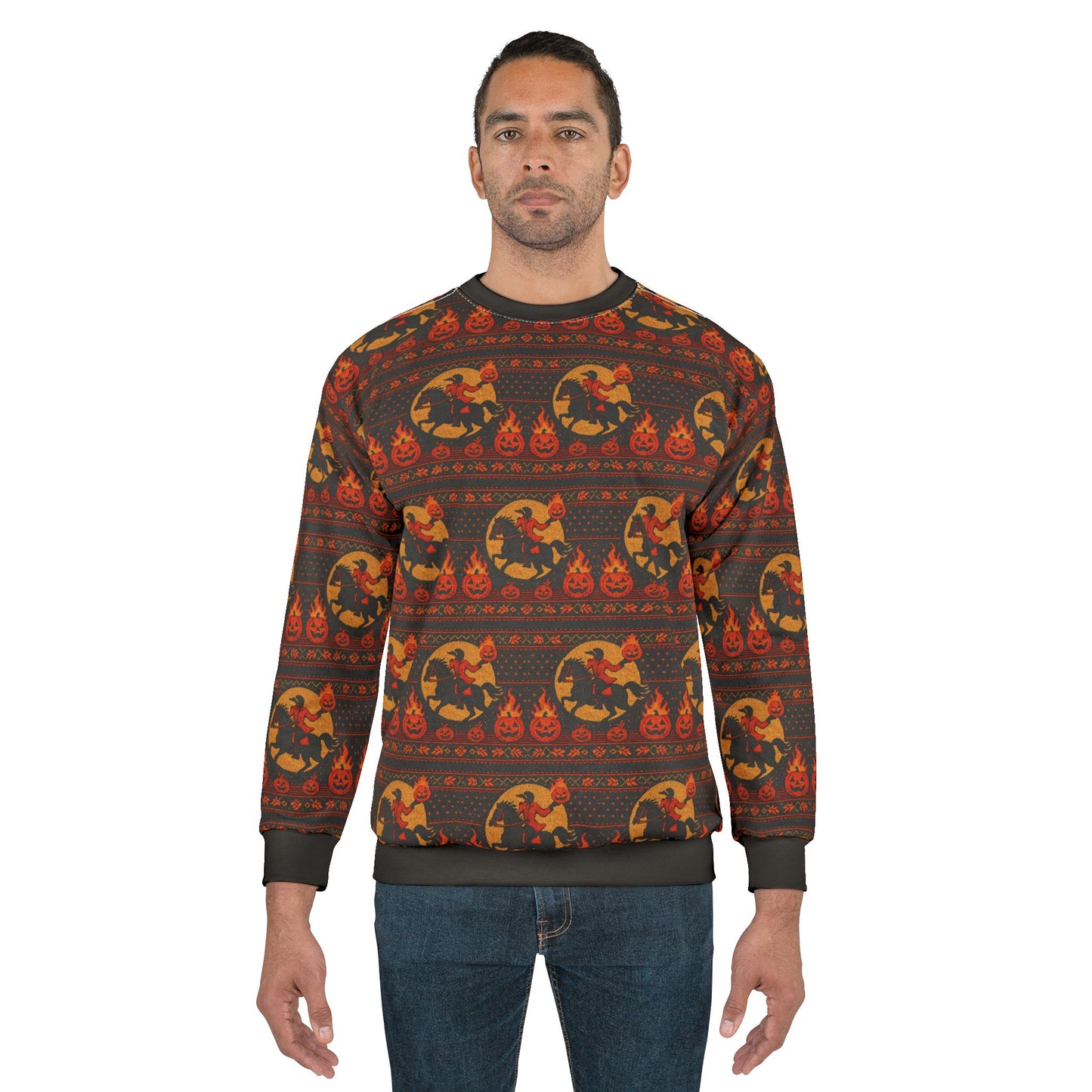 Headless Horseman Pattern Unisex Sweatshirt, Trendy Sweatshirt, Casual Attire, Gift for Halloween Lovers, Fall Fashion, Unique Self-Expression