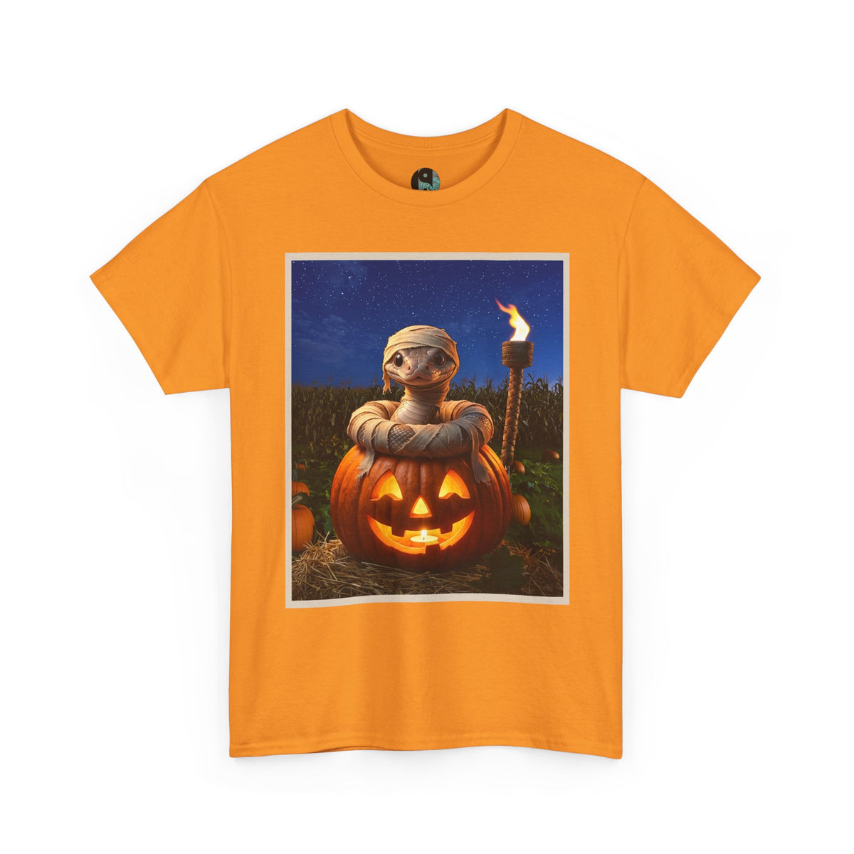 T-Shirt — Halloween Jack-o'-Lantern with Baby Snake as the Mummy in Pumpkin Illustration