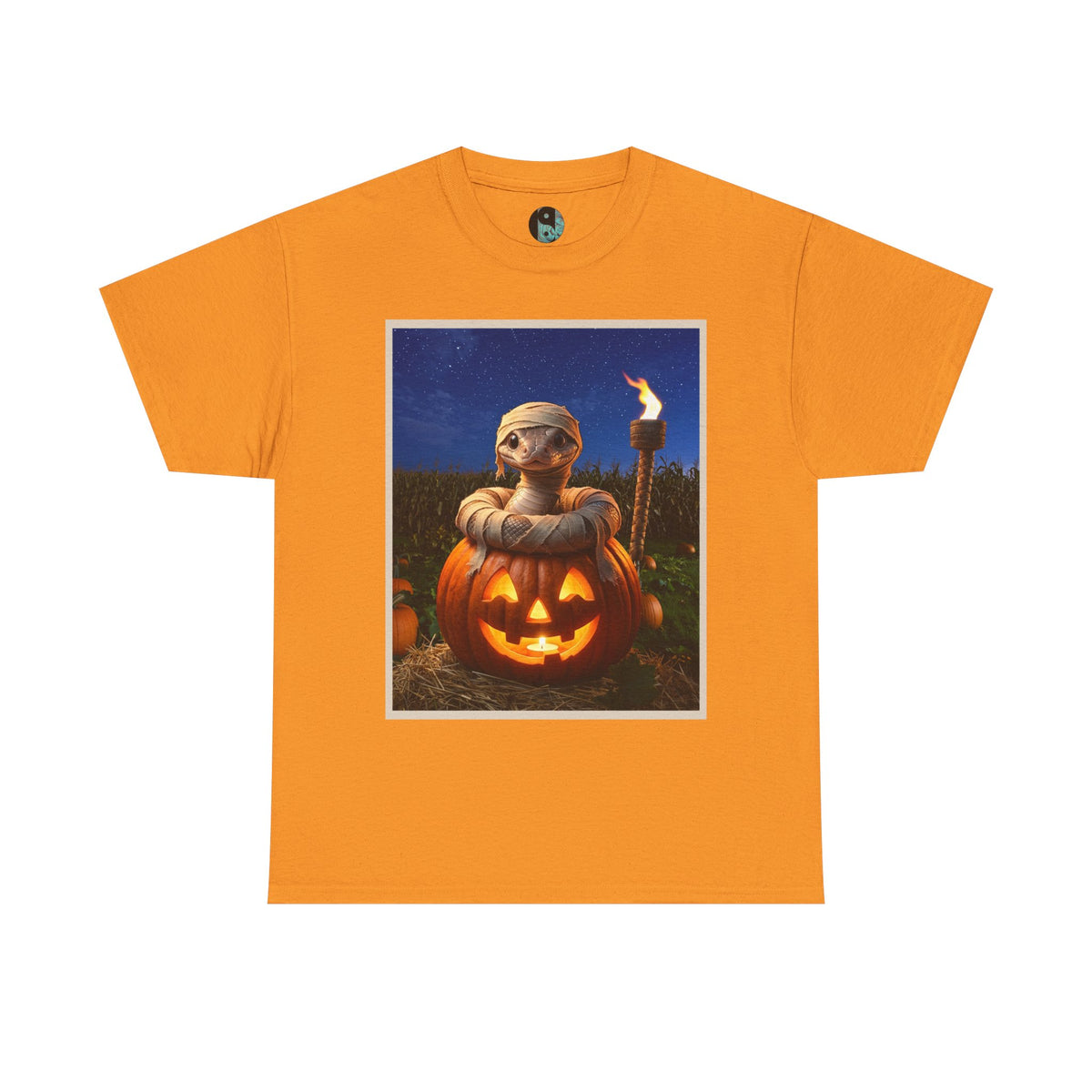 T-Shirt — Halloween Jack-o'-Lantern with Baby Snake as the Mummy in Pumpkin Illustration