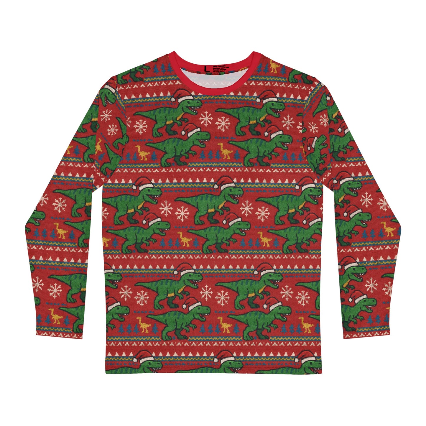 Men's Long Sleeve Shirt - Romping T-rex in Santa Hats Ugly Sweater Design