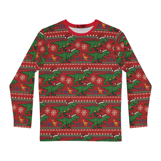 Men's Long Sleeve Shirt - Romping T-rex in Santa Hats Ugly Sweater Design