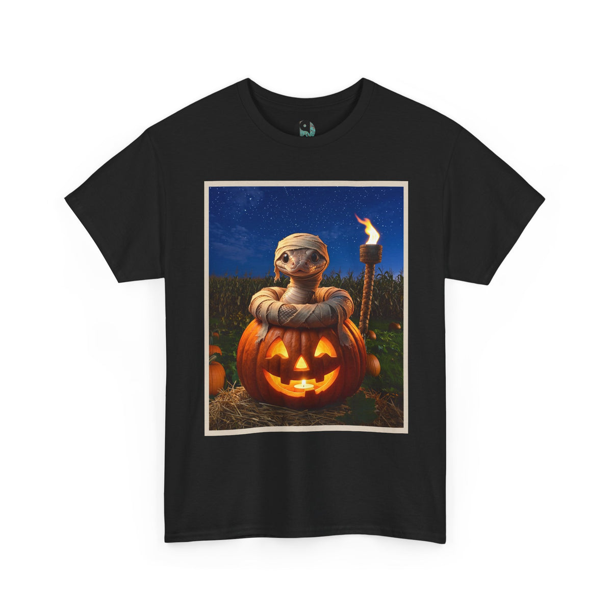 T-Shirt — Halloween Jack-o'-Lantern with Baby Snake as the Mummy in Pumpkin Illustration