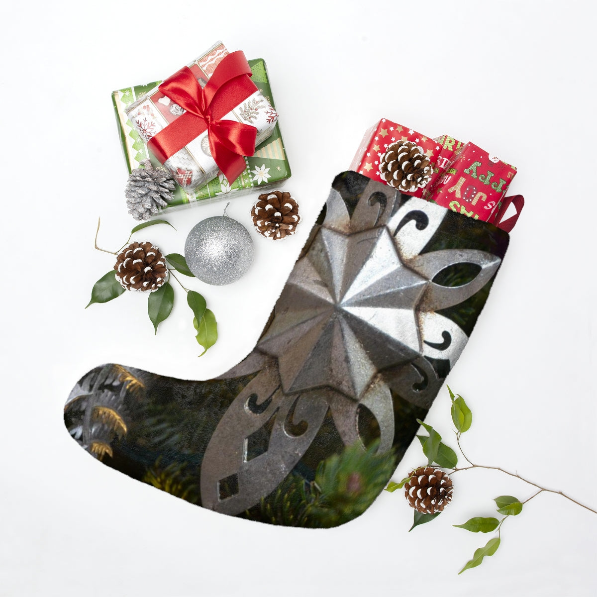 Silver Ornament Christmas Stockings, Fleece Stocking, Tree Ornament Stocking