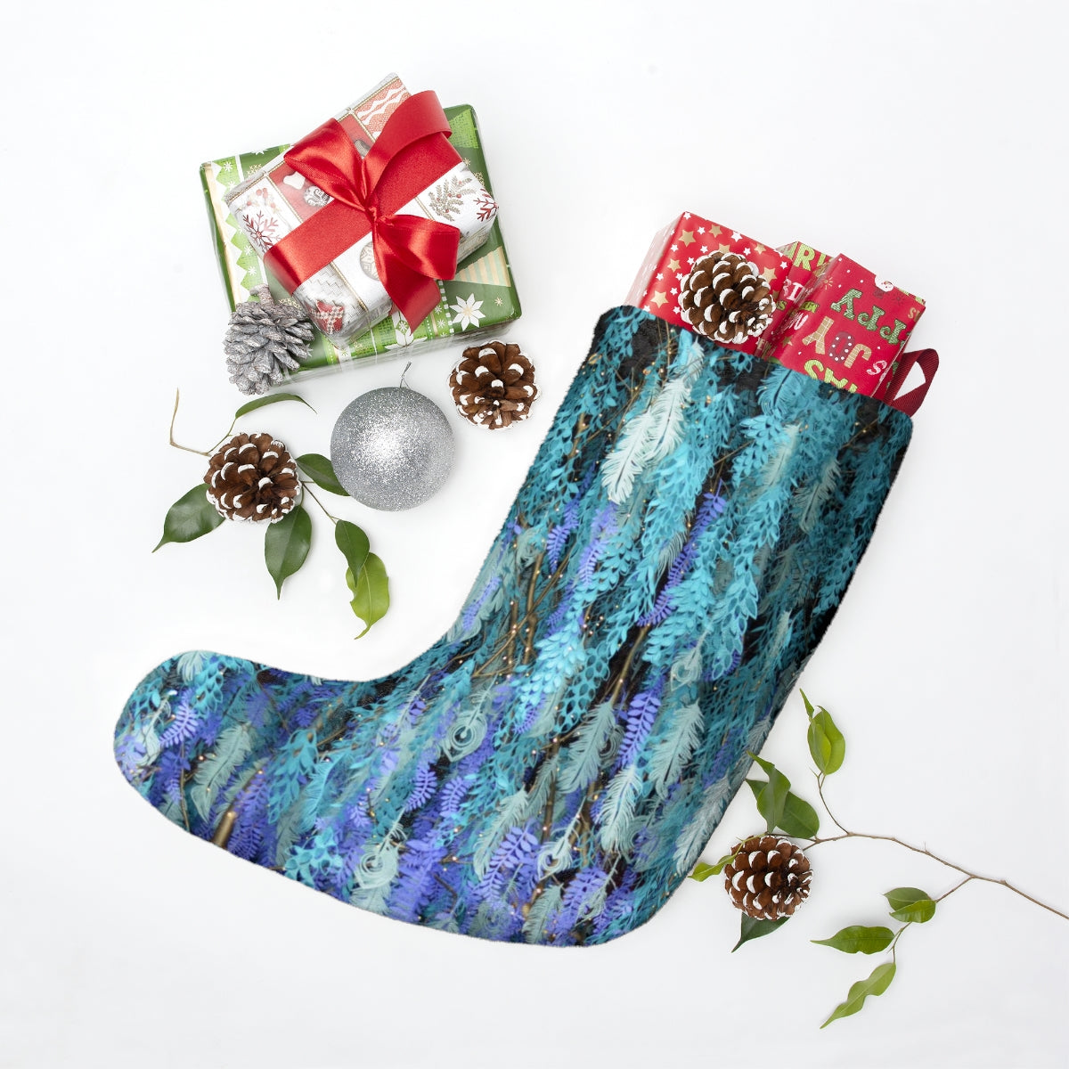 Cascading Feathers Christmas Stockings, Fleece Stocking, Untraditional Christmas Stocking