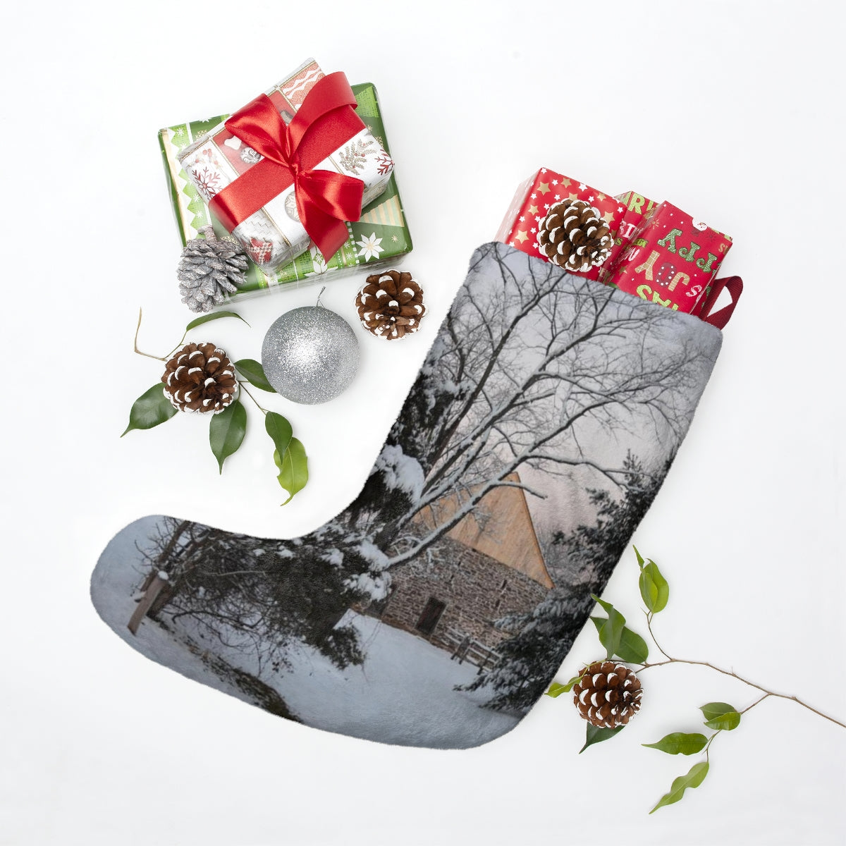 Winter Barn Christmas Stockings, Fleece Stocking, Tree Ornament Stocking