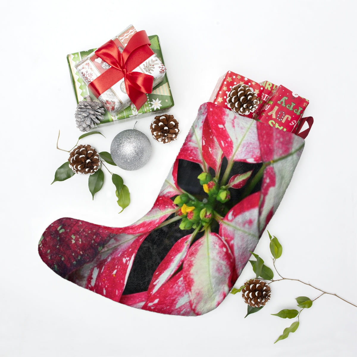 Poinsettia Christmas Stockings, Fleece Stocking, Tree Ornament Stocking
