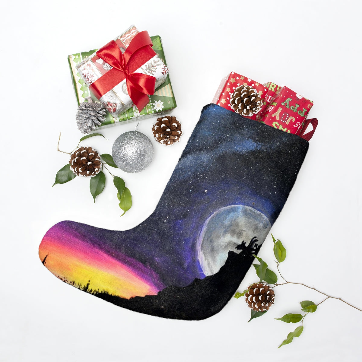 Galaxy Dragon Moon Christmas Stockings, Fleece Stocking, Untraditional Christmas Stocking