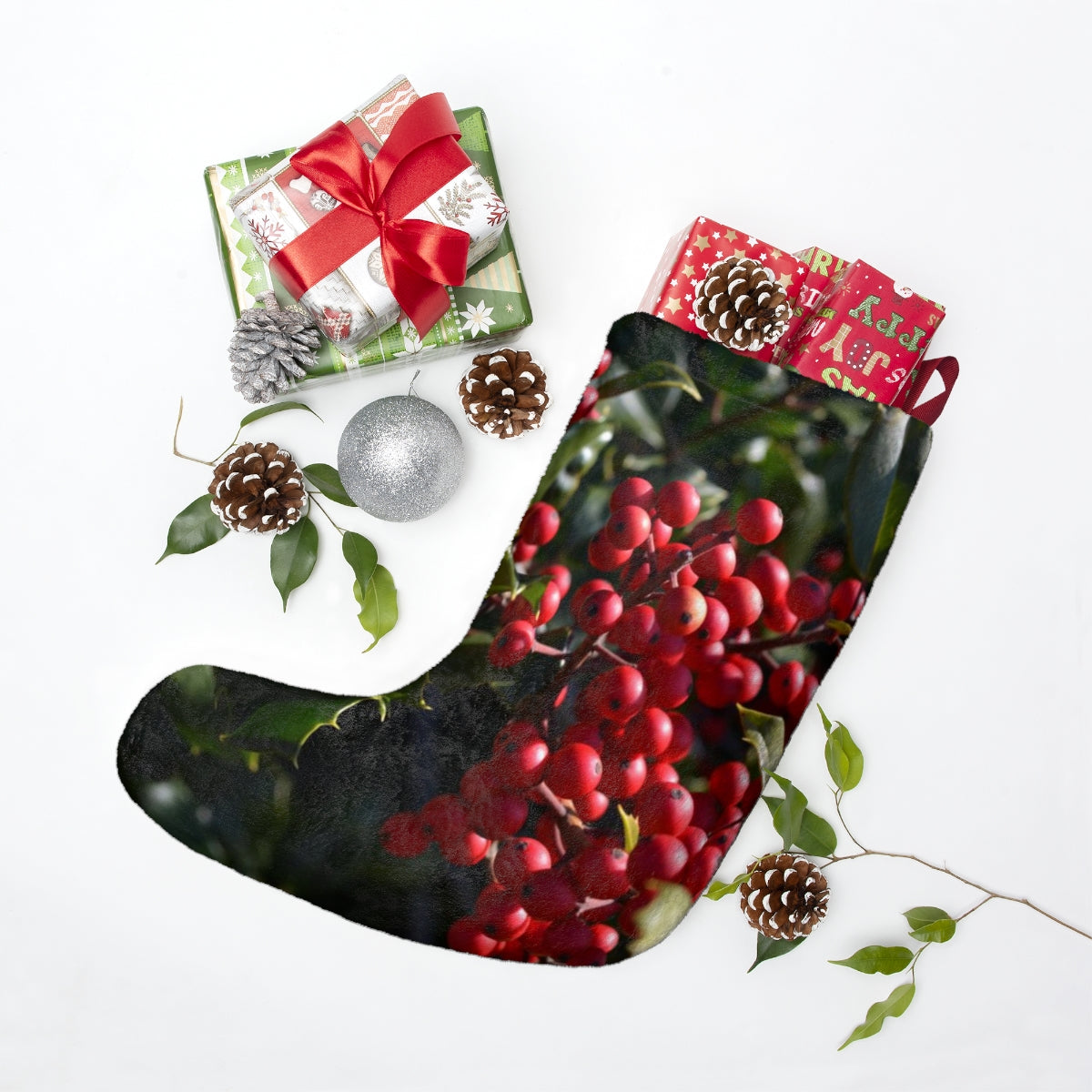 Holly Christmas Stockings, Fleece Stocking, Tree Ornament Stocking